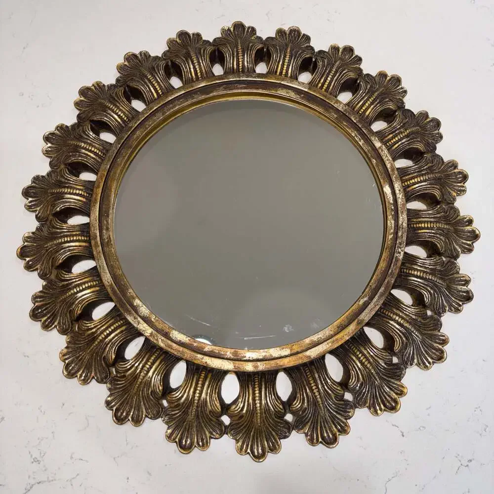 Vintage Ornate Gold Sunburst Wall Mirror Hollywood Regency Acanthus Leaf 21”